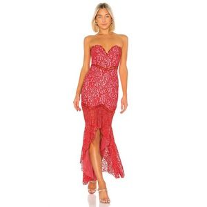 Lovers + Friends Keva Red Pink Lace Strapless Maxi Gown Sweetheart Small